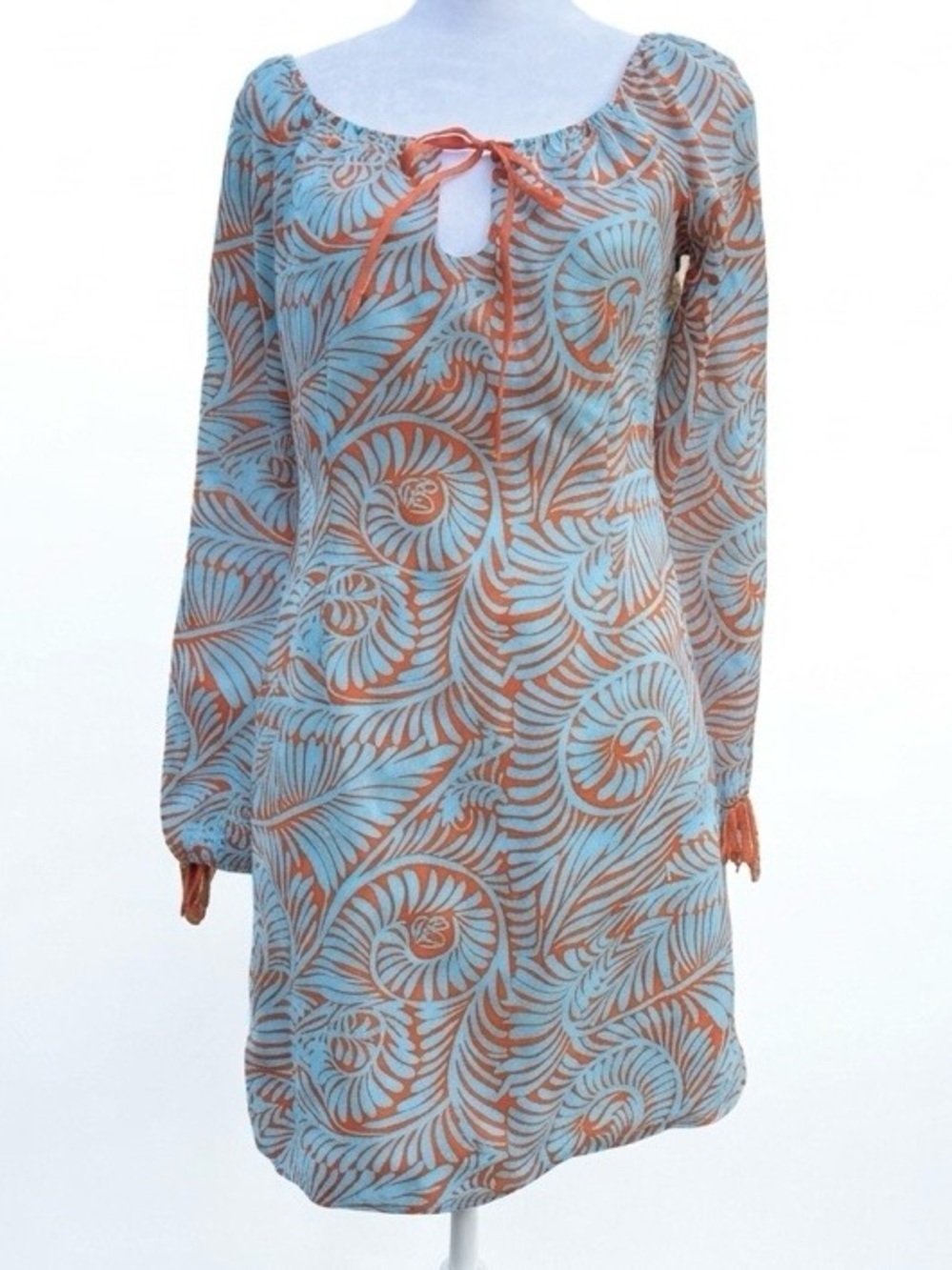 CK Bradley Sky Blue Orange Scroll Print Mini Dress Sz 4 Lined Cotton Ties